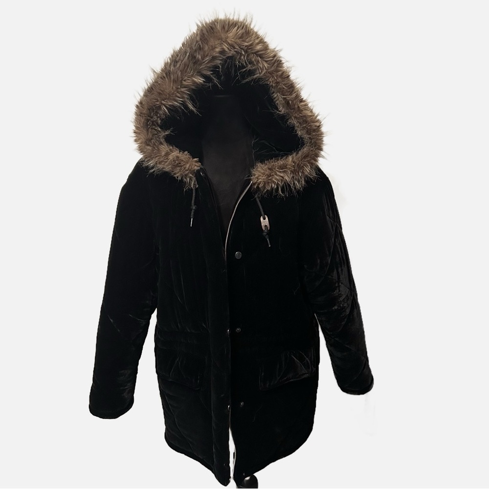 Ralph Lauren Women’s Parks Velvet Black PM Faux Fur Hood Rayon Silk Winter Cosy